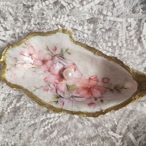 Pink Floral Oyster Shell Jewelry Dish with Gold Trim